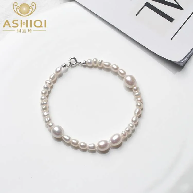 ASHIQI Braccialetto di perle d'acqua dolce naturali genuini per le donne con chiusura in argento sterling 925 gioielli di perle bianche intrecciate a