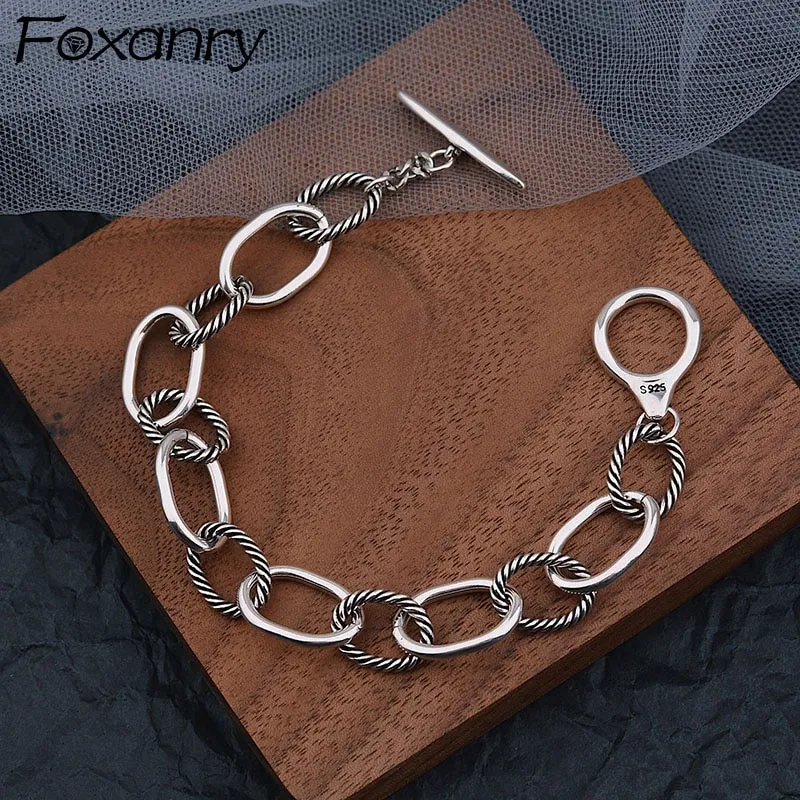 Foxanry 925 bracciali intrecciati a catena spessa in argento sterling New Trendy Hip Hop Vintage affascinante semplice OT Buckle Rock Party Jewelry