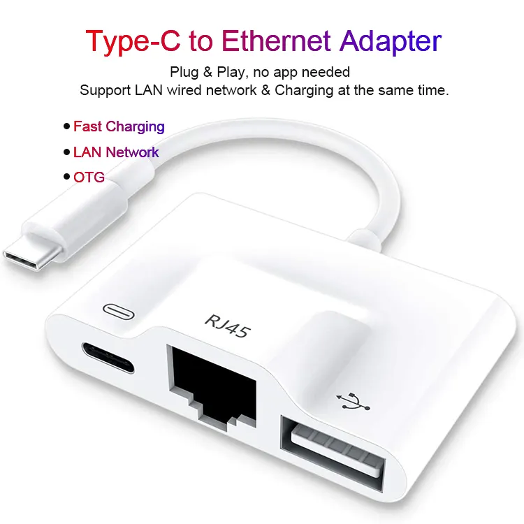 Adattatore da USB C a Ethernet, adattatore 3 in 1 da USB C a RJ45 LAN Ethernet con porta di ricarica compatibile con MacBook iPad Pro Google Pixel