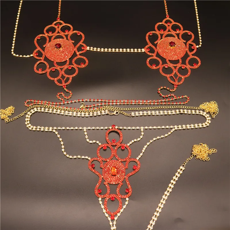 Fashion New INS Trend Flower Body Chain Set Red Crystal Shiny Sexy Bikini Body Jewelry