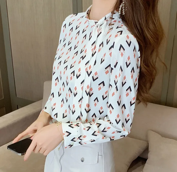 Nuovo vestito autunnale nuovo stile#Camicia color fantasia moda femminile girocollo geometrico pullover sciolto e versatile camicetta