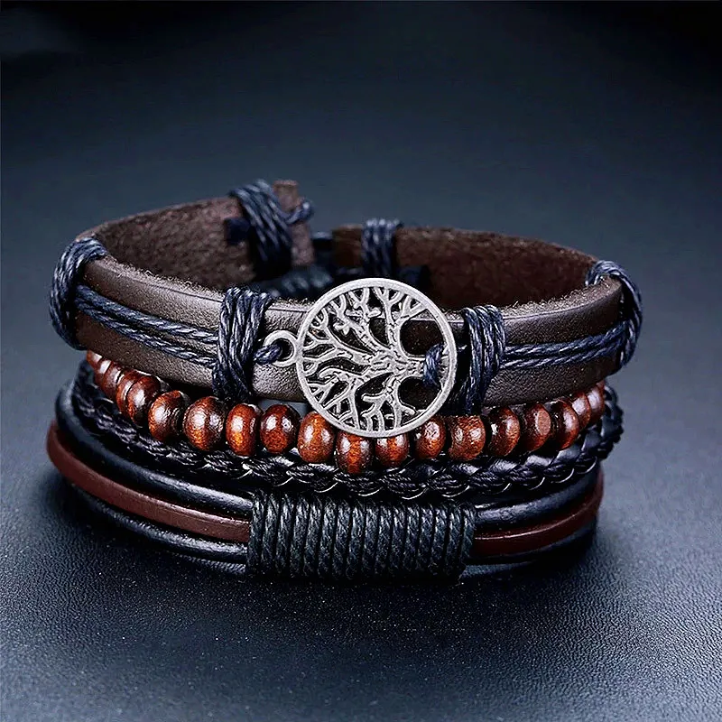 Vnox 4 pezzi / set braccialetti in pelle intrecciata per uomo vintage albero della vita timone fascino perline di legno braccialetti tribali etnici