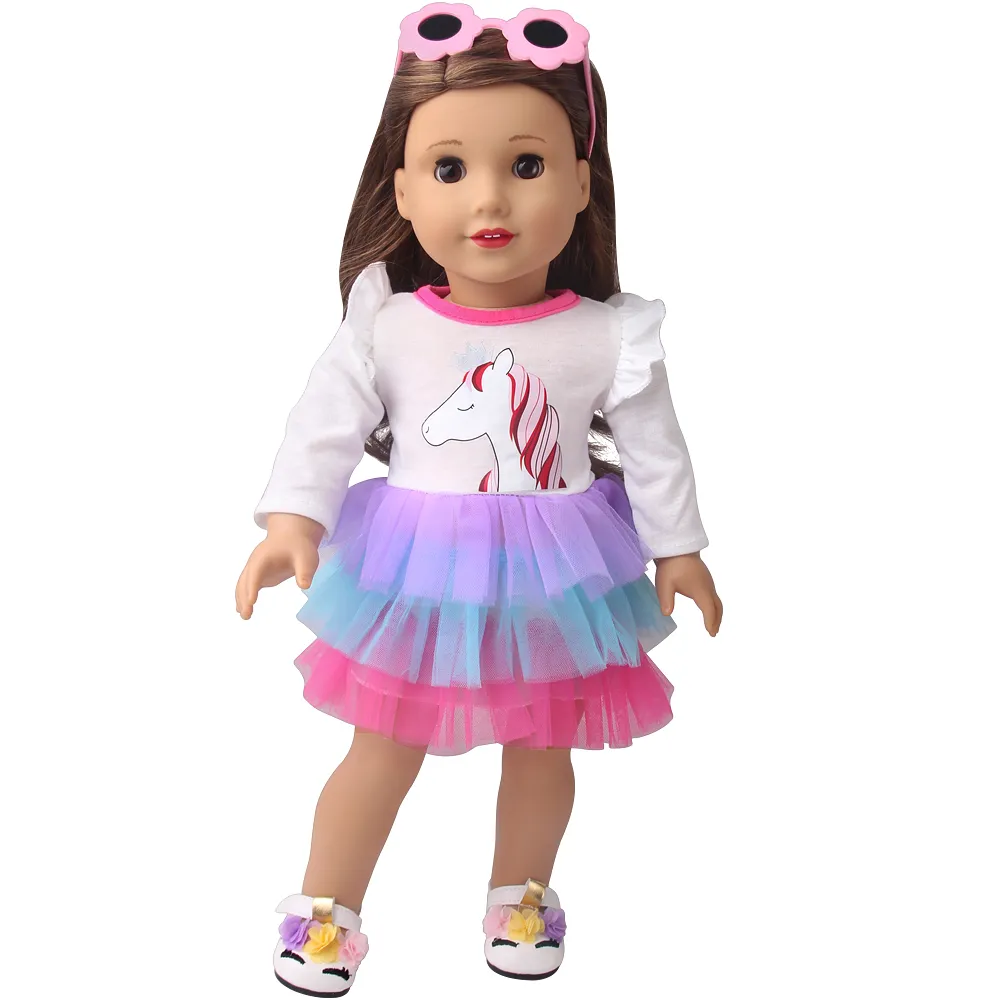 18 pollici bambola americana vestiti per ragazze unicorno stampa arcobaleno vestito gonna nati giocattoli per bambini accessori misura 43 cm regalo b