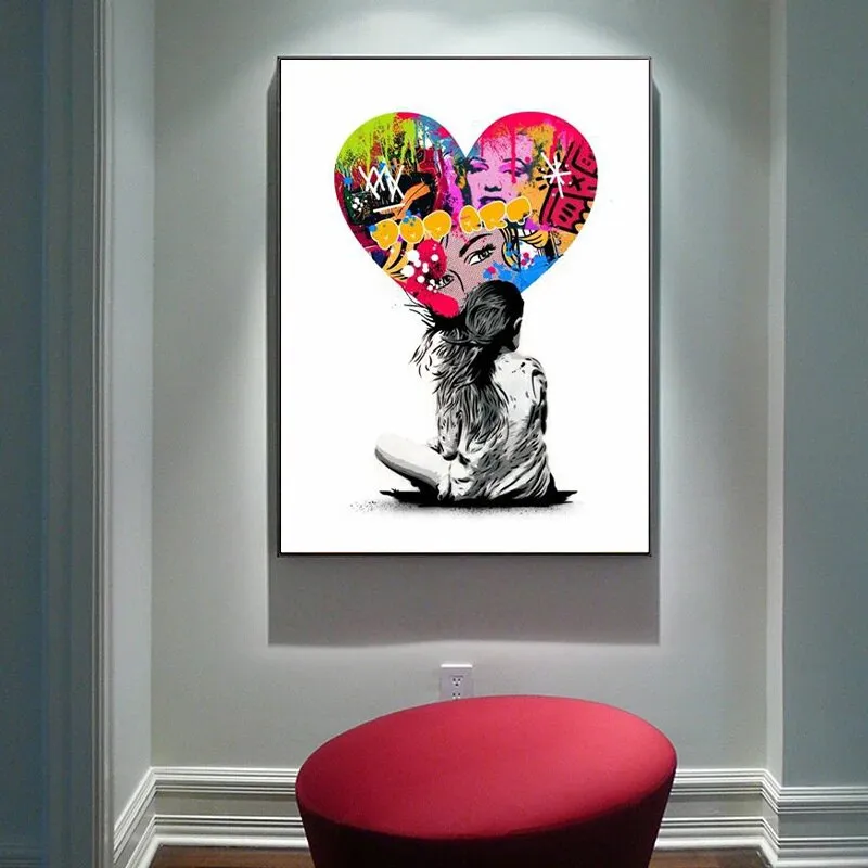 New Banksy Graffiti Art Bambina con Marilyn Monroe Love Heart Canvas Painting Pop Art Poster Stampa Wall Art Kids Room Decor