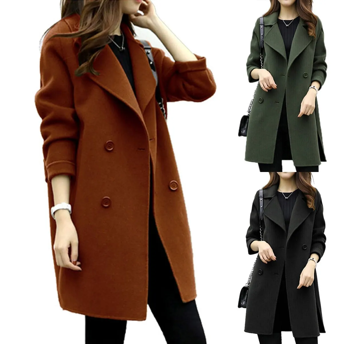 Cappotto da donna in lana con risvolto Trench Giacca invernale lungo Parka Cappotto soprabito Capispalla