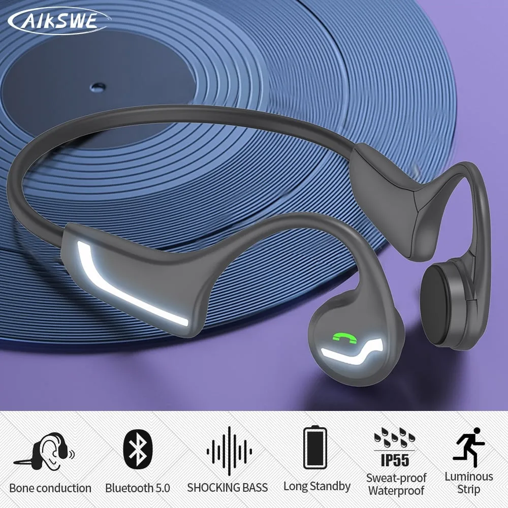 AIKSWE Cuffie a conduzione ossea Bluetooth Auricolari sportivi a luce luminosa senza fili Stereo vivavoce con microfono per la corsa