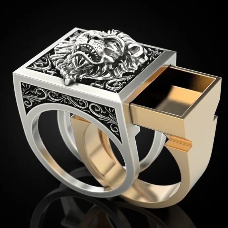 Retro Punk Men Ring Set Scomparto segreto Doppio strato Bara Kingdom Lion Hip Hop Ring Men Punk Viking Jewelry Rings Size 7-13