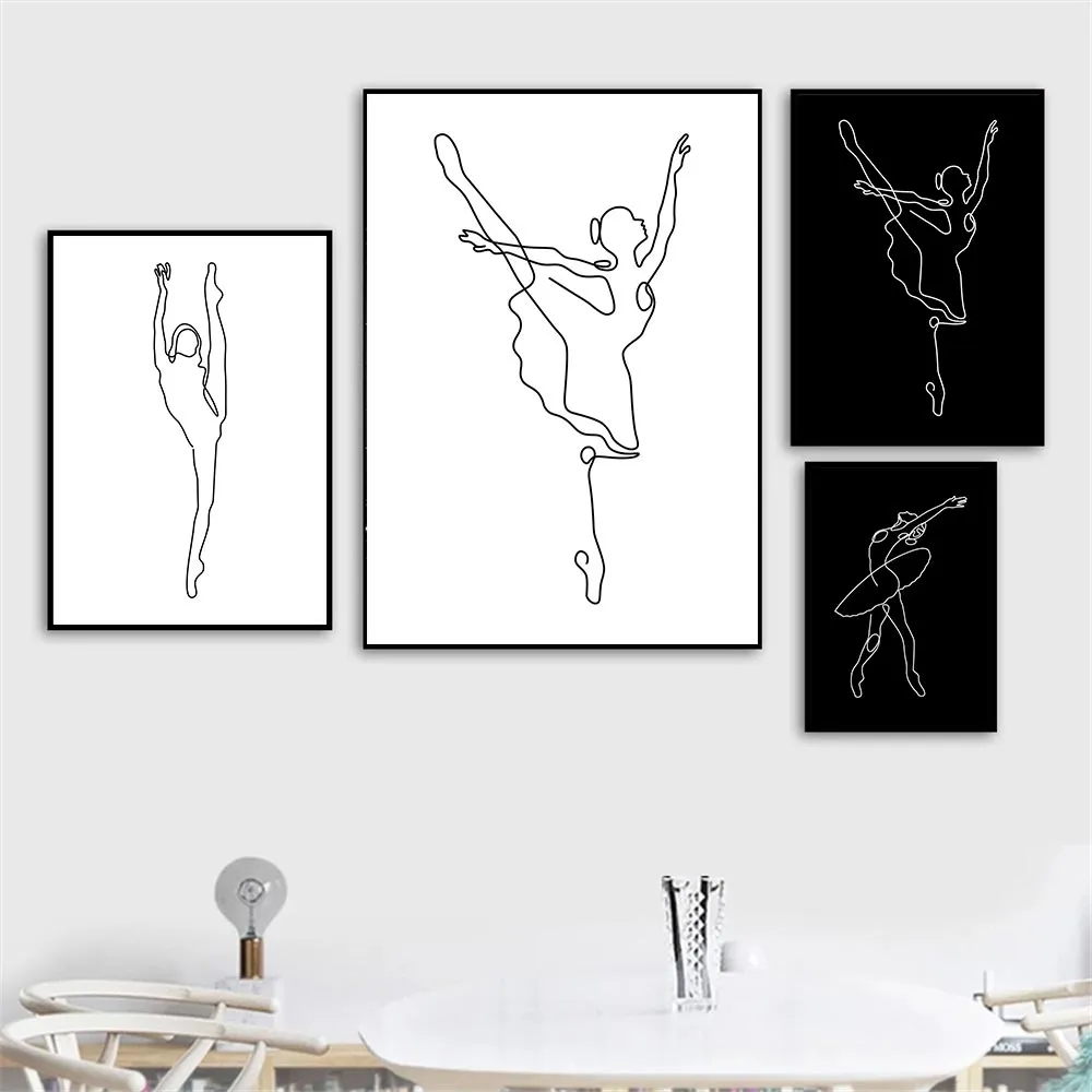 Abstract Ballet Girls Wall Art Poster One Line Drawing Art Print Ballerina in bianco e nero Pittura su tela Decorazione minimalista per la casa