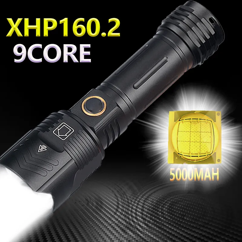 Torcia potente 5000mAh XHP160.2 LED XHP50.2 Torcia zoom IPX6 impermeabile 5 modalità Lampada ricaricabile USB Usa batteria 18650/26650