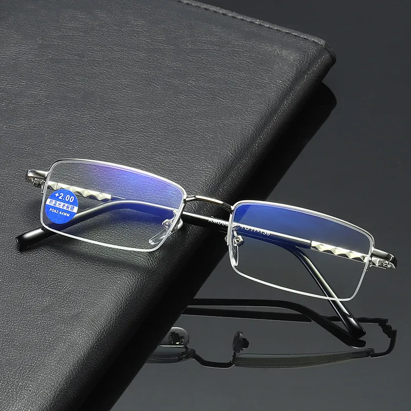 Occhiali da lettura anti-Blu-ray Occhiali da vista a mezzo telaio in acciaio inossidabile ultraleggero a filo pieno HD
