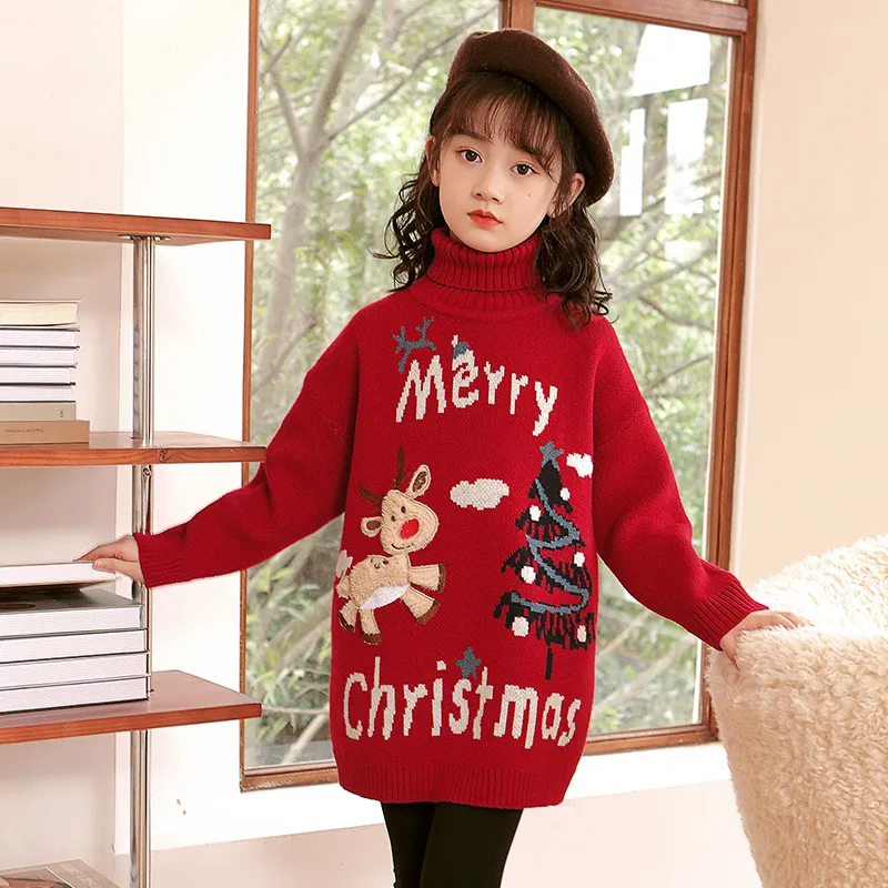 Maglione di Natale rosso Ragazza Ragazza grande Albero di Natale Lettera Maglione di media lunghezza Abbigliamento esterno Bambini europei e american