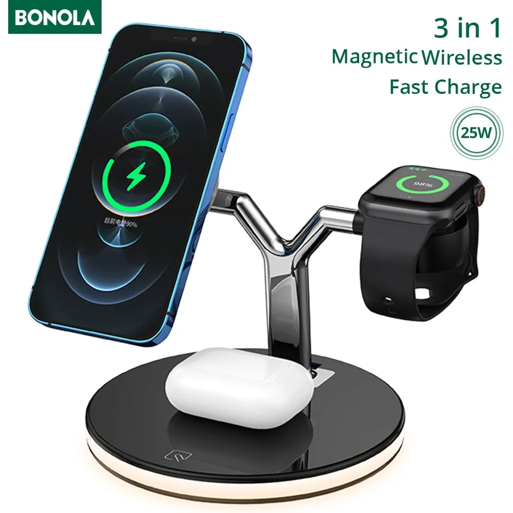 Bonola Caricabatterie wireless 3 in 1 15W per iPhone 12S/12Pro iWatch Airpods Pro Stazione di ricarica rapida magnetica Dock Stand Touch Light