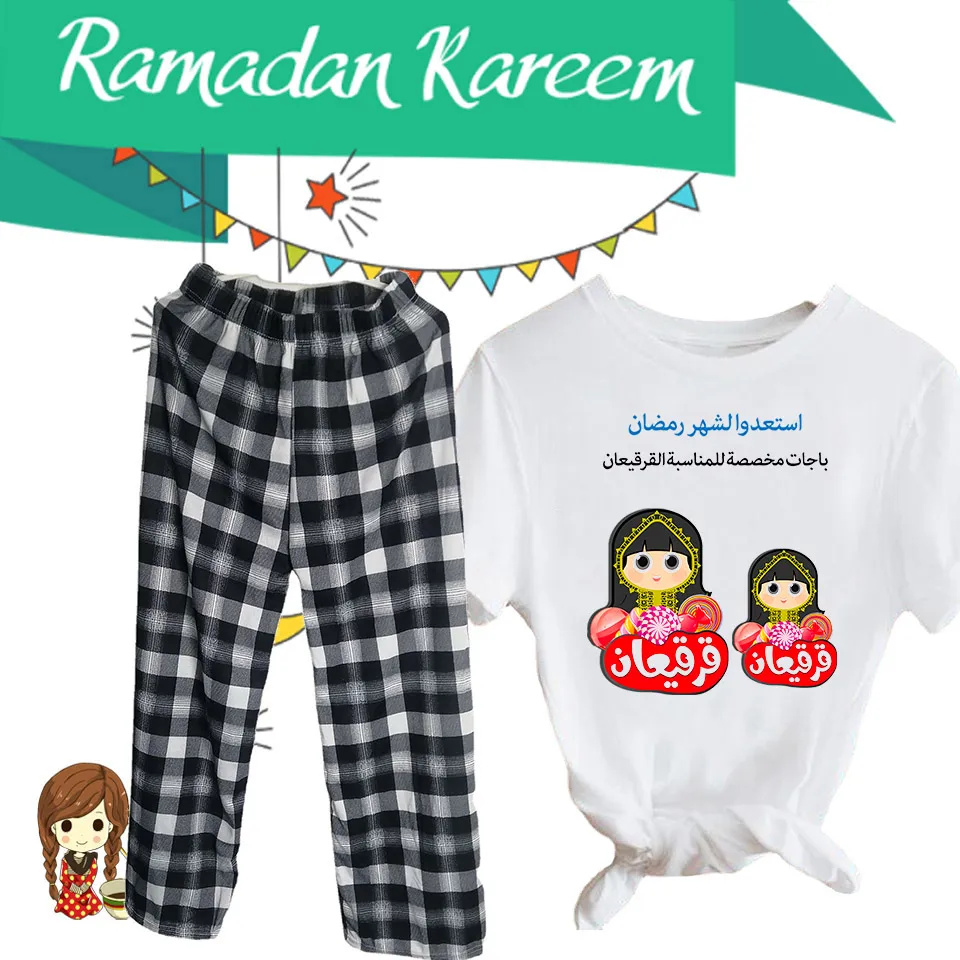Le nuove signore si adattano ai pantaloni della maglietta delle donne della stampa dell'elemento della bambola del fumetto del Ramadan ins flow
