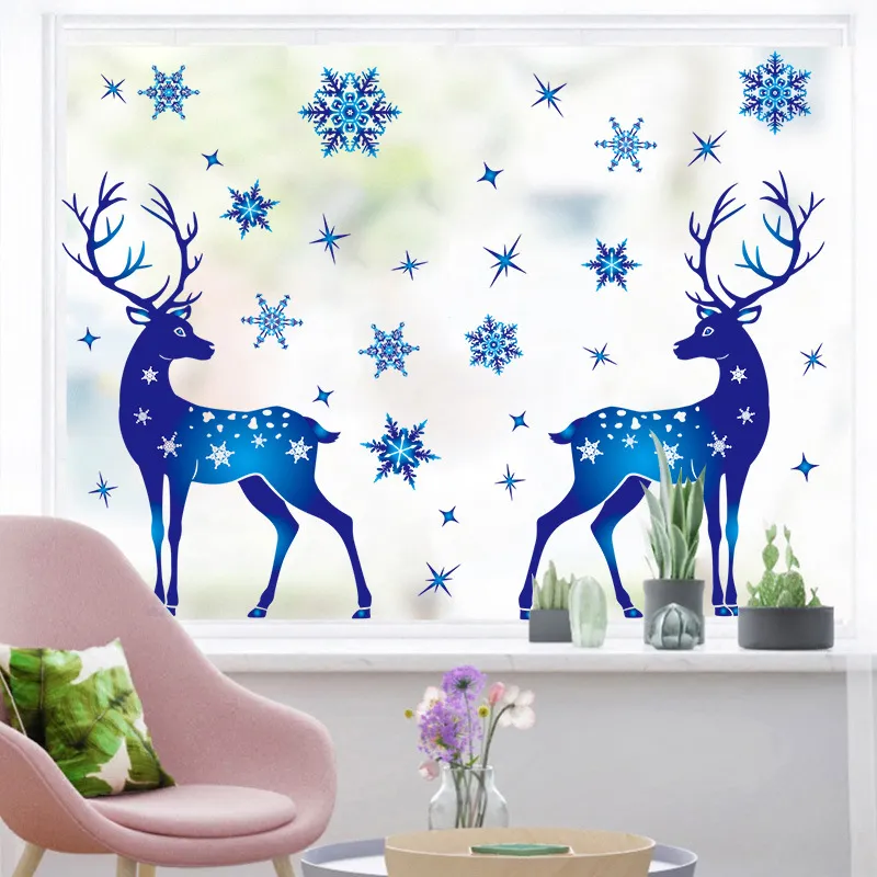 Decorazioni natalizie adesivi fiocco di neve adesivi decorazione finestra di vetro Natale blu fiocco di neve alci adesivi elettrostatici