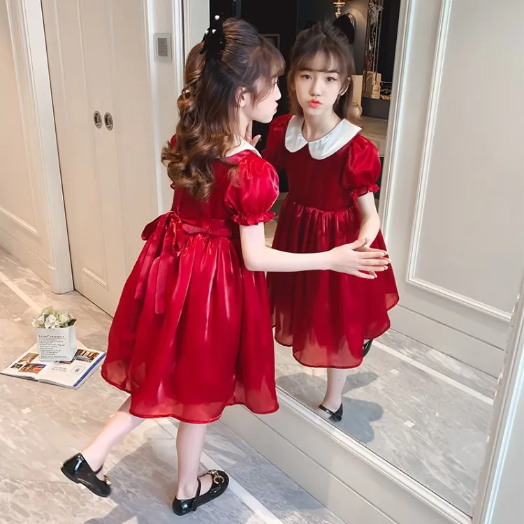 Vestito rosso da principessa per ragazze, colletto per bambole, maniche a sbuffo, nuovo vestito estivo