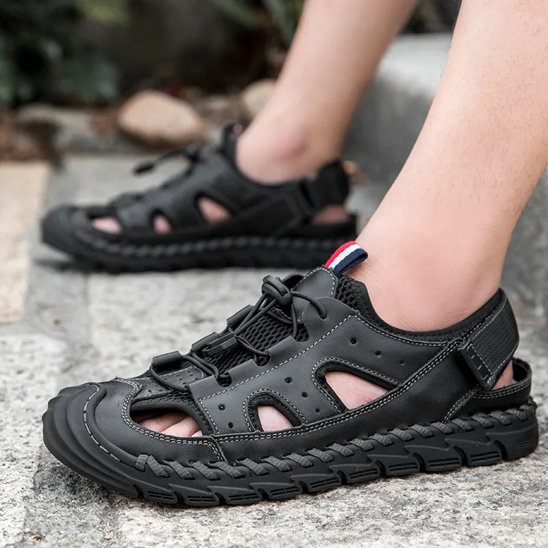 2021 estate nuovi sandali con puntale in pelle da uomo, abbigliamento esterno in rete, scarpe da spiaggia per il tempo libero estivo