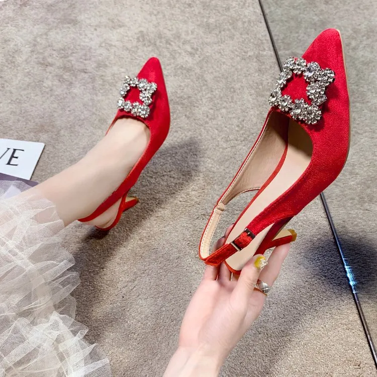 Nuovo stile sandali borsa da donna testa indietro fibbia diamante fibbia quadrata scarpe da donna estate coreana a punta tacchi alti fabbrica diretta