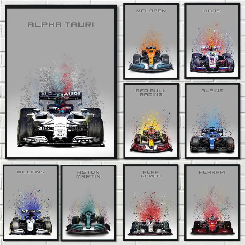 2022 F1 Formula 1 Race Car Poster Wall Art Mclaren Splatter Vernice Collezione di auto da corsa della tela di canapa Pittura Stampe Room Home Decor
