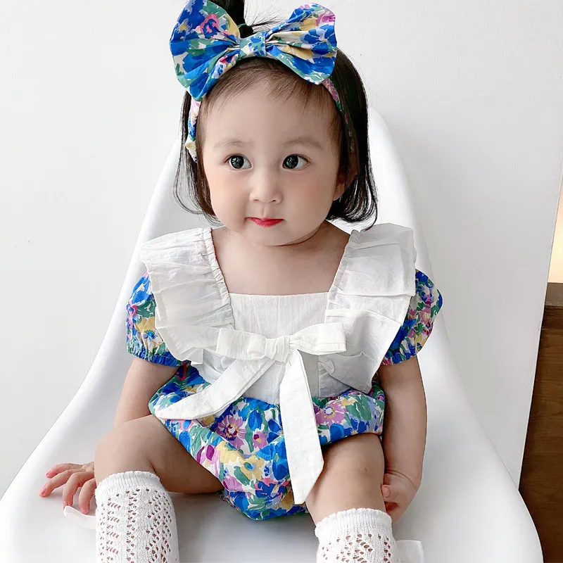 Abbigliamento per bambini coreani 2021 neonata pagliaccetto a maniche corte borsa scoreggia estate floreale bowknot bambino pagliaccetto di un pezzo