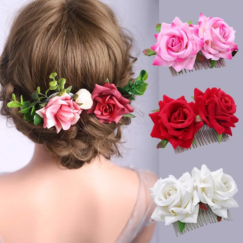 1 pz romantico doppio florle artificiale fiore rosa pettine per capelli bianco rosso tto a mano fermaglio per capelli da sposa copricapo da ballo cop