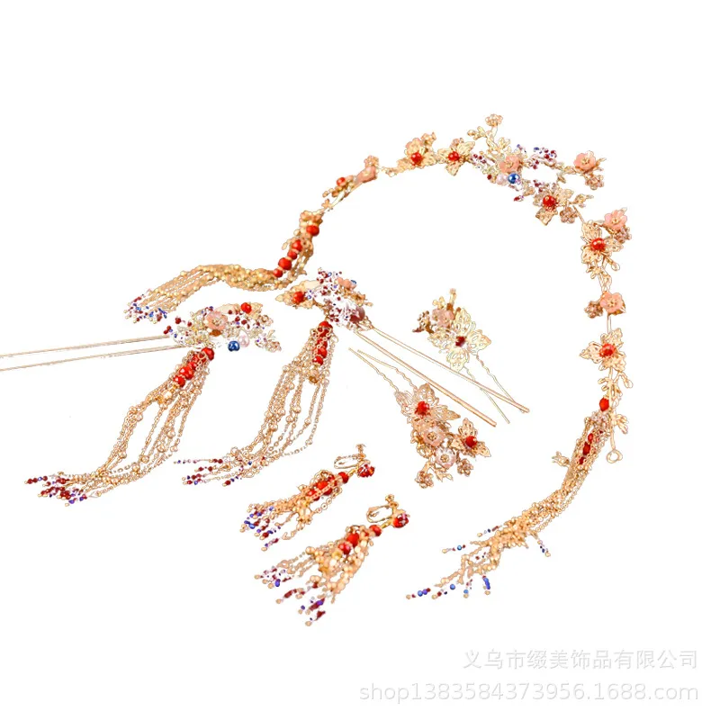Cinese sposa Xiuhe copricapo abbigliamento rosso retrò nappa fenice corona Xia Pi antico costume da sposa d'oro styling accessori per capelli