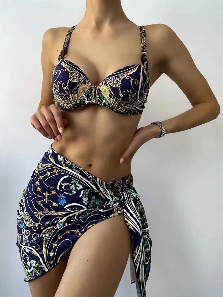 2021 nuovo costume da bagno diviso in tre pezzi bikini senza maniche con immagine floreale a colori