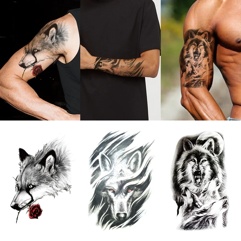 3 set di adesivi per tatuaggi combinati con braccio di fiori grandi prepotente testa di lupo modello animale adesivi temporanei impermeabili per tatu