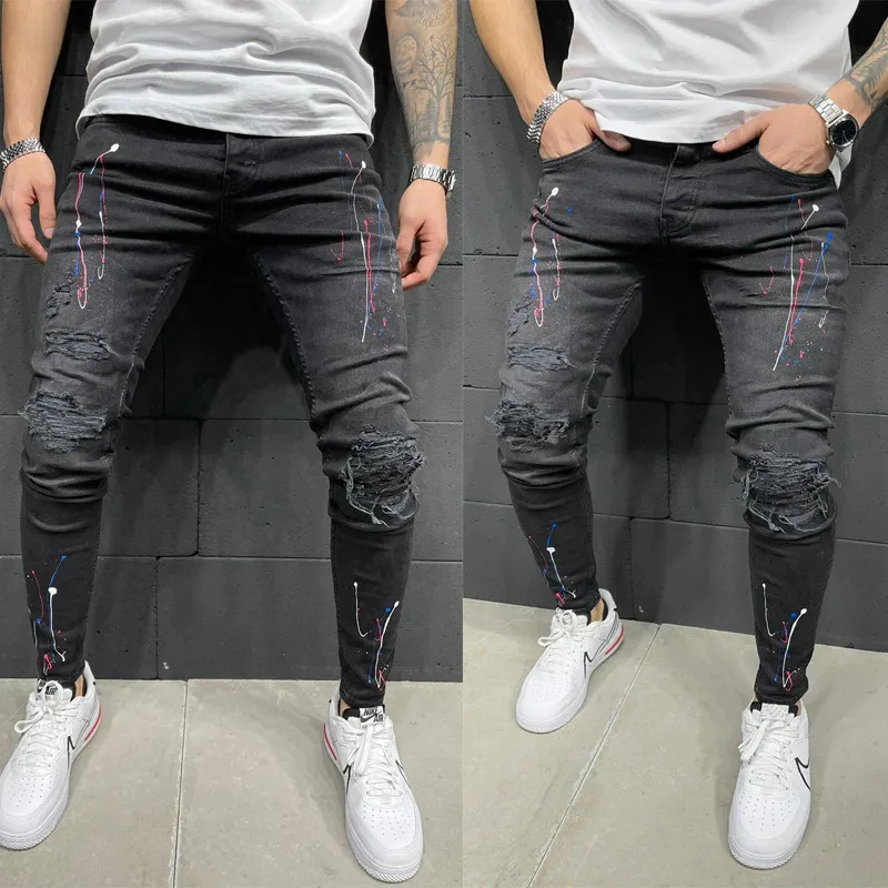 Jeans strappati con stampa da uomo europei e americani, jeans stretch con vernice, nuovo stile