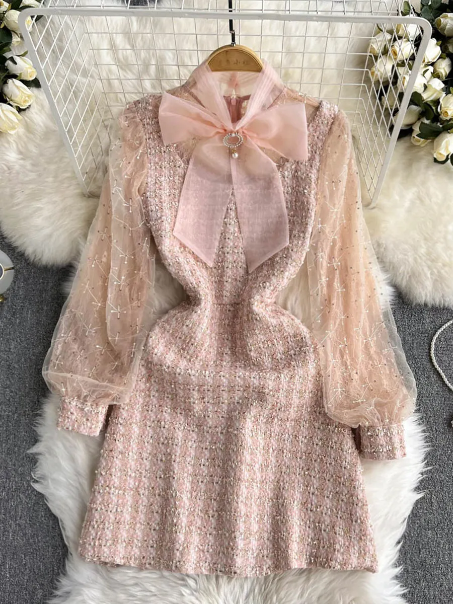 2021 nuovo vestito a maniche lunghe con cuciture a maglia sul collo a bambola in stile francese da donna dimagrante in vita