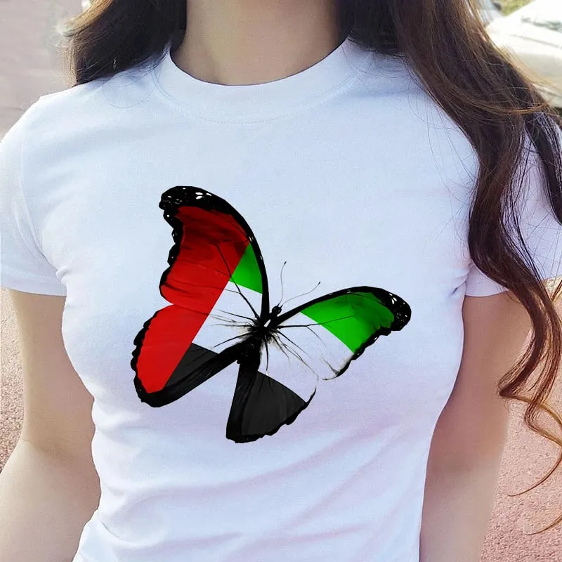 2021 primavera nuova t-shirt stampata a maniche corte donna con stampa a maniche corte a farfalla con bandiera a colori indipendente europea e americ
