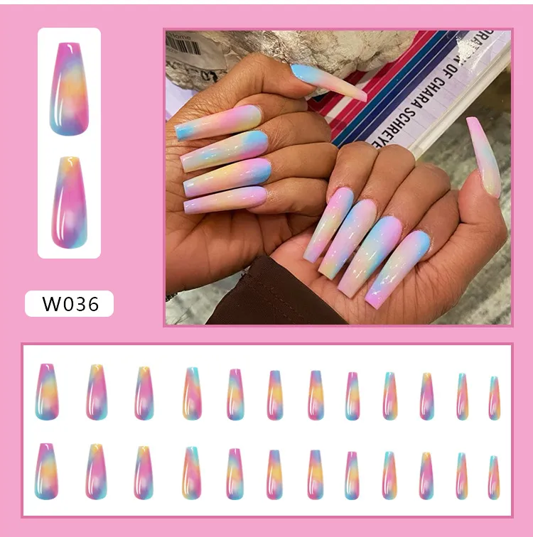 W036 Arcobaleno Balletto Europeo e Americano Lungo Falso Nail Patch Nail Patch 24 Pezzi