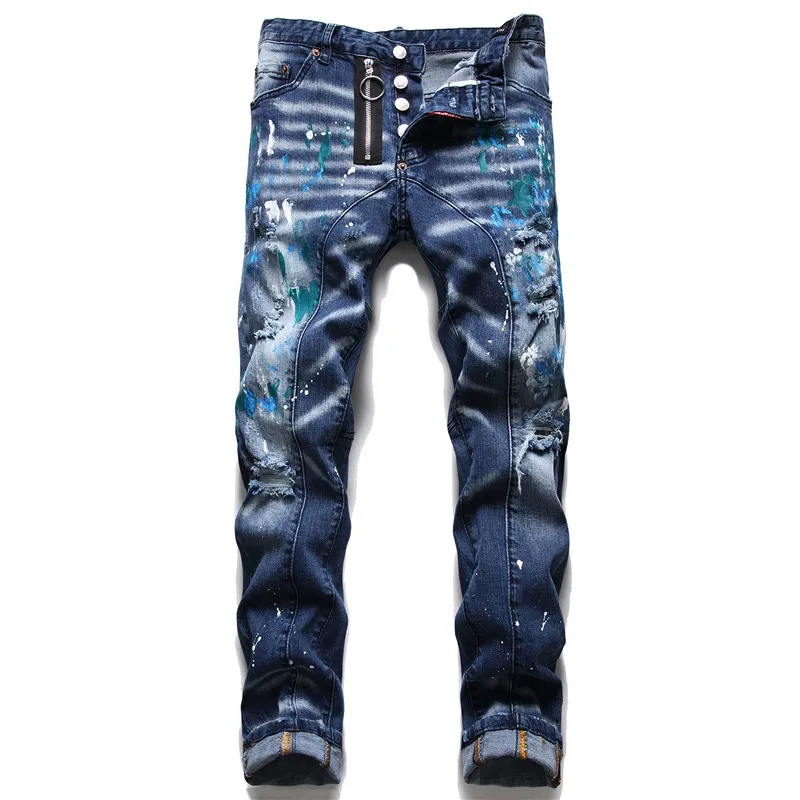 DSQUARED2 jeans slim uomo stretch vernice colorata strappata ricamata