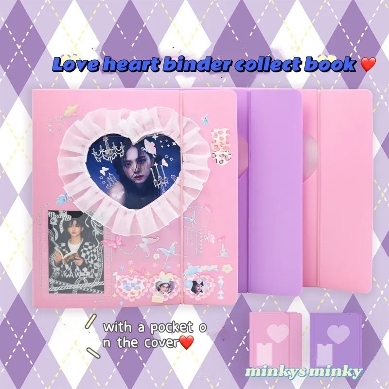 NKYS New Kawaii Love Hrt Binder Photocards Stie Collect Book 4 Ring Small Cards Storage Book Two Side Sves Bag