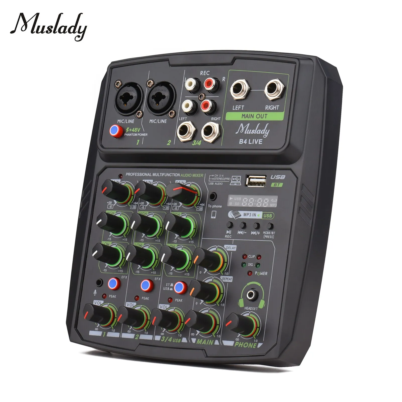 Console mixer audio a 4 canali Muslady Schermo LED Scheda audio incorporata con controllo di ripetizione Funzione di registrazione con alimentazione