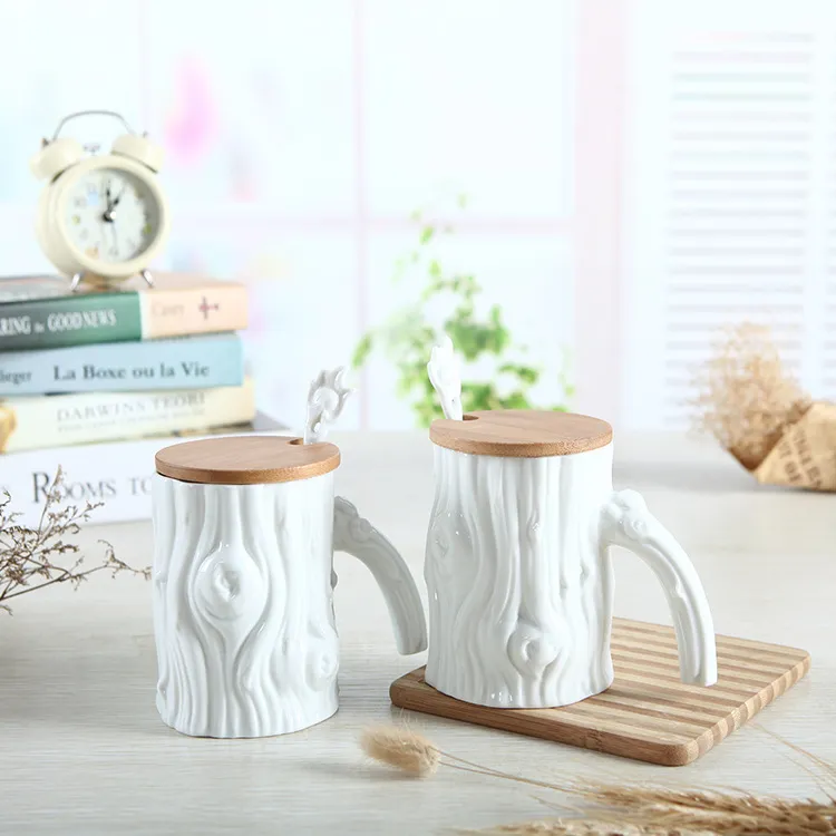 Tazza bianca creativa con testa di albero in stile Jinfulan con coperchio tazza d'acqua di grande capacità tazza da caffè tazza da ufficio