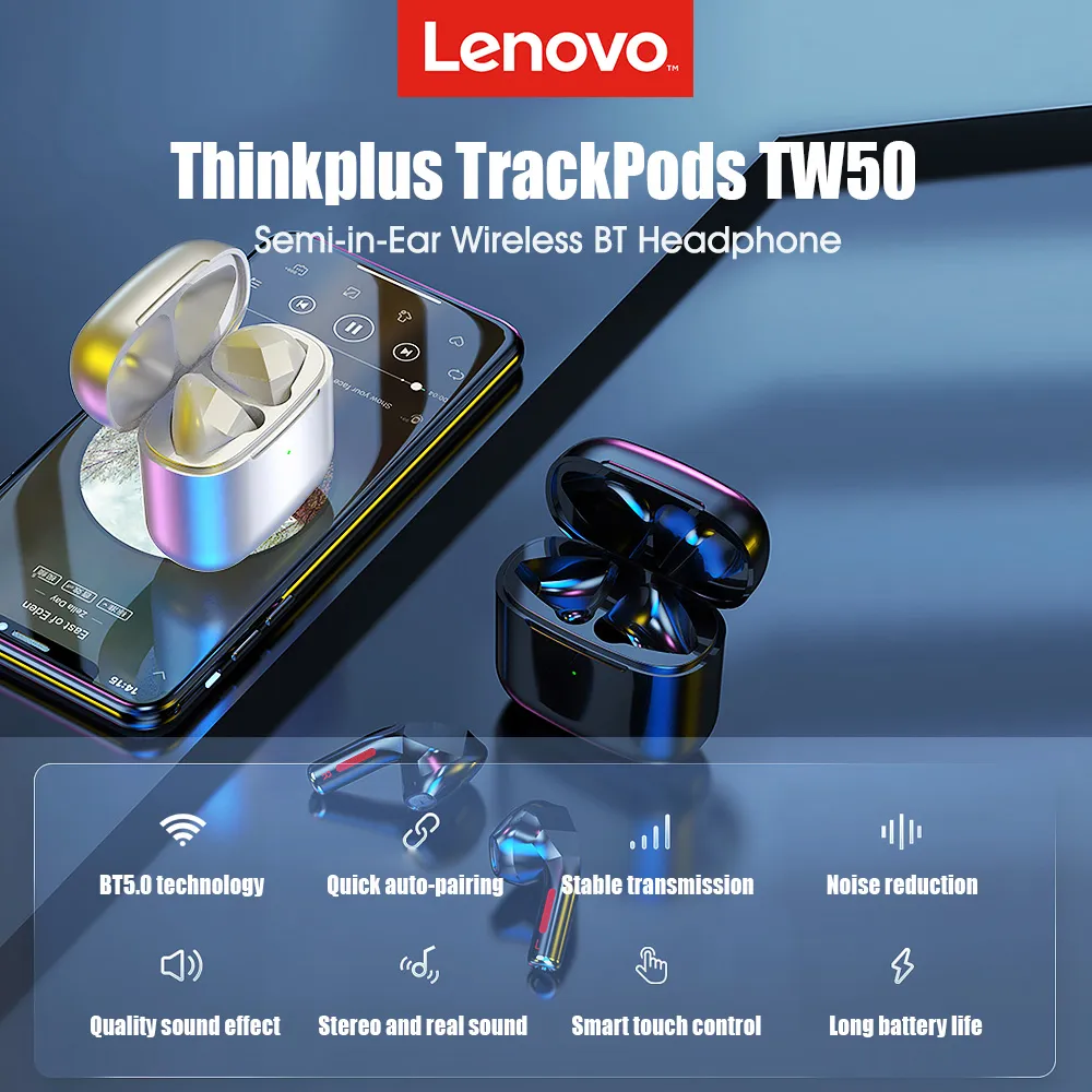 Nuovo Lenovo Thinkplus TW50 Auricolare wireless Bluetooth 5.0 con riduzione del rumore del microfono Auricolari semi-in-ear Auricolari sportivi