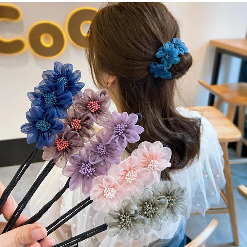 Forcine per fiori etnici per le donne Filato netto coreano Fascia floreale Testa a sfera Capelli Maker Coda di cavallo Accessorio per capelli Intrecc