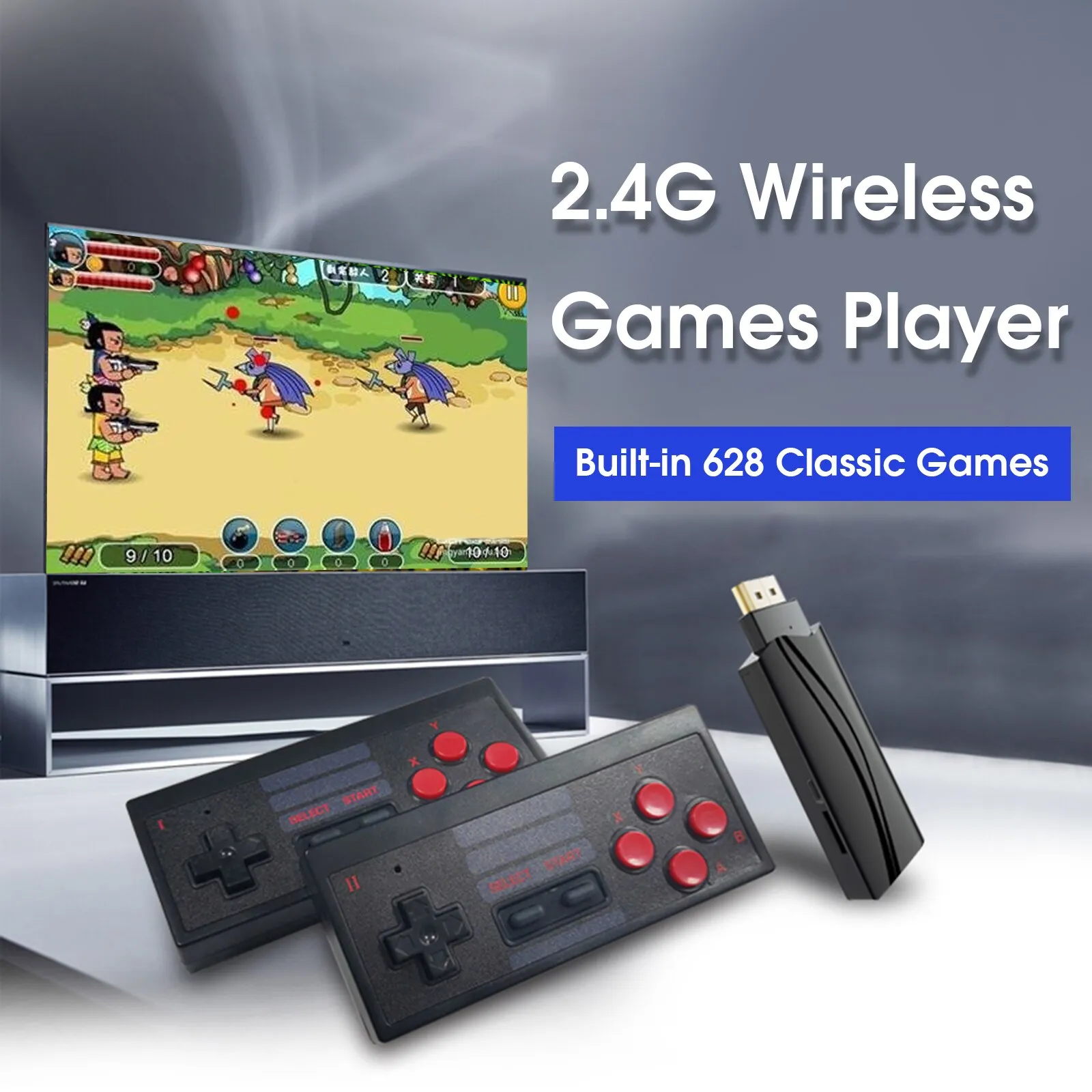 Console per videogiochi retrò 2.4G Wireless Game Player Controller portatile Uscita HD Built-in 628 giochi classici Dual Players