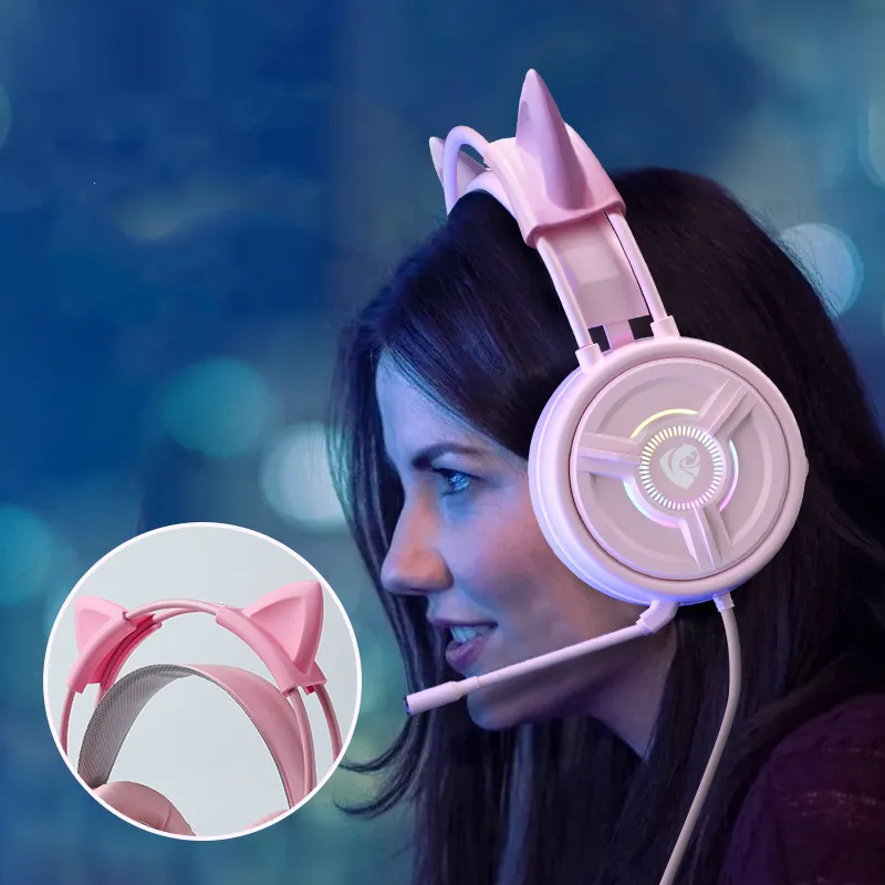 Cuffie da gioco stereo rosa con microfono per PS4, Xbox One, PC, 3,5 mm Cuffie a forma di orecchio di gatto rimovibili Cuffie leggere e autoregolanti