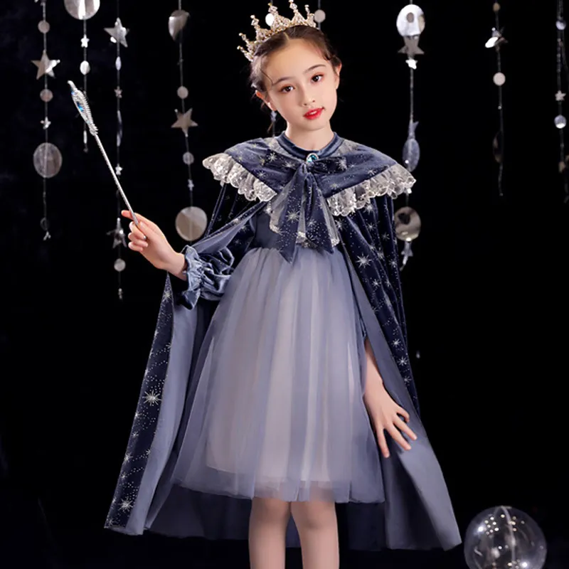 Nuovo 2021 Frozen Girl Aisha Princess Dress Flanella Abito a maniche lunghe Abito da compleanno per bambini Gonna e mantello
