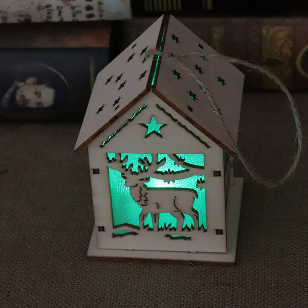 LED Buon Natale Decorazione per l'illuminazione domestica Casa in legno incandescente Decorazioni per l'albero di Natale Ciondolo Vetrina regalo fai