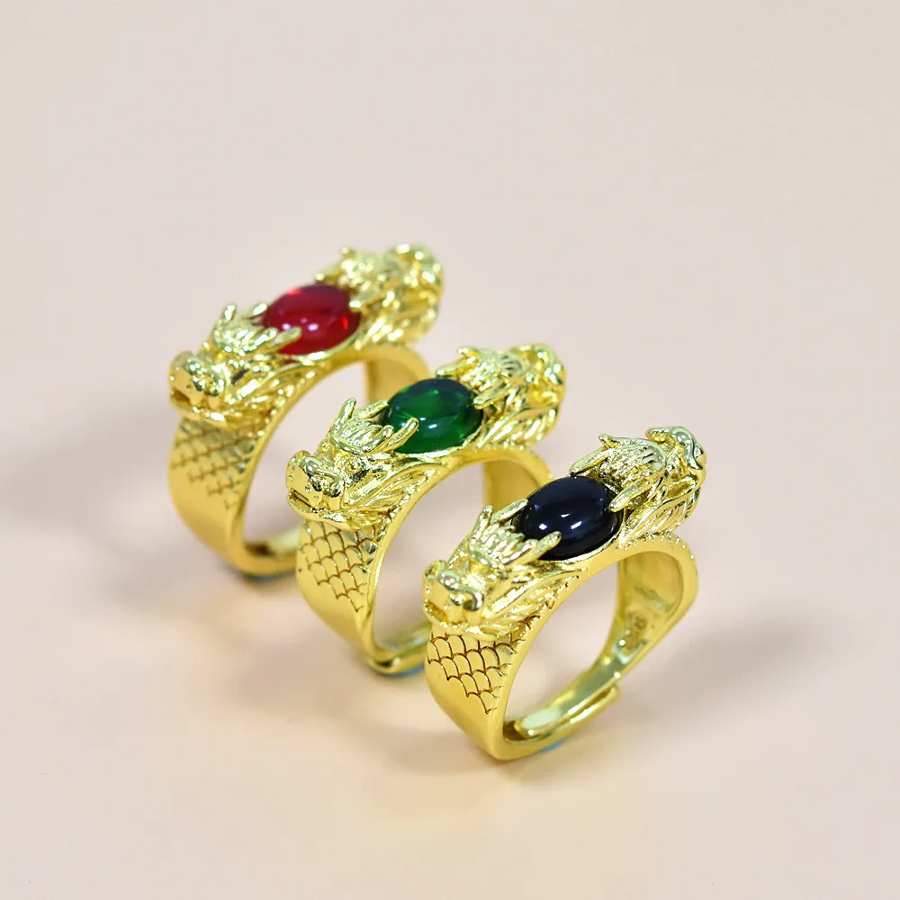 Ottone placcato oro Laos prepotente anello uomo oro intarsiato giada gemma doppio drago gioca perline anello aperto gioielli all'ingrosso