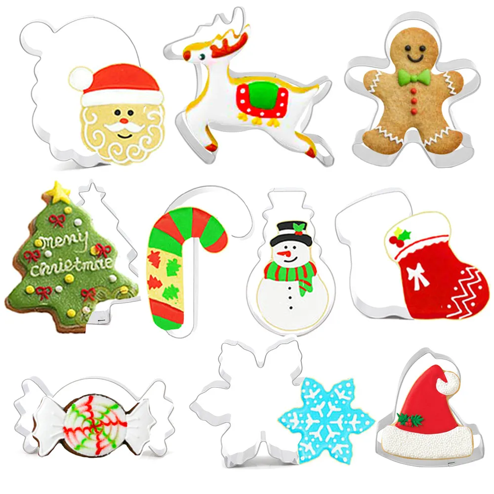 Stampo per biscotti di Natale in acciaio inossidabile, cappello con fiocchi di neve di Babbo Natale, alce, albero di Natale, pupazzo di neve, 10 conf
