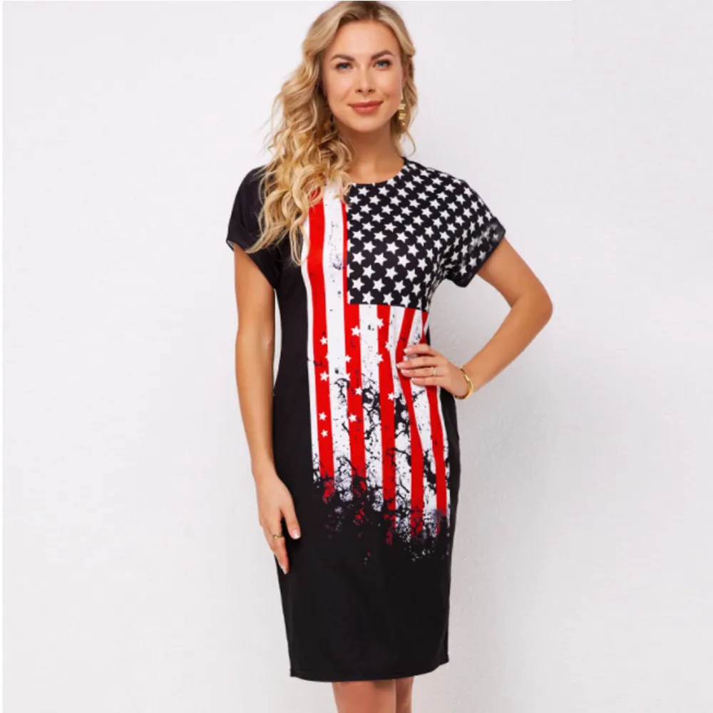 ins abito in maglia da donna abito slim con stampa bandiera americana Abito midi a maniche corte primavera-estate europea e americana