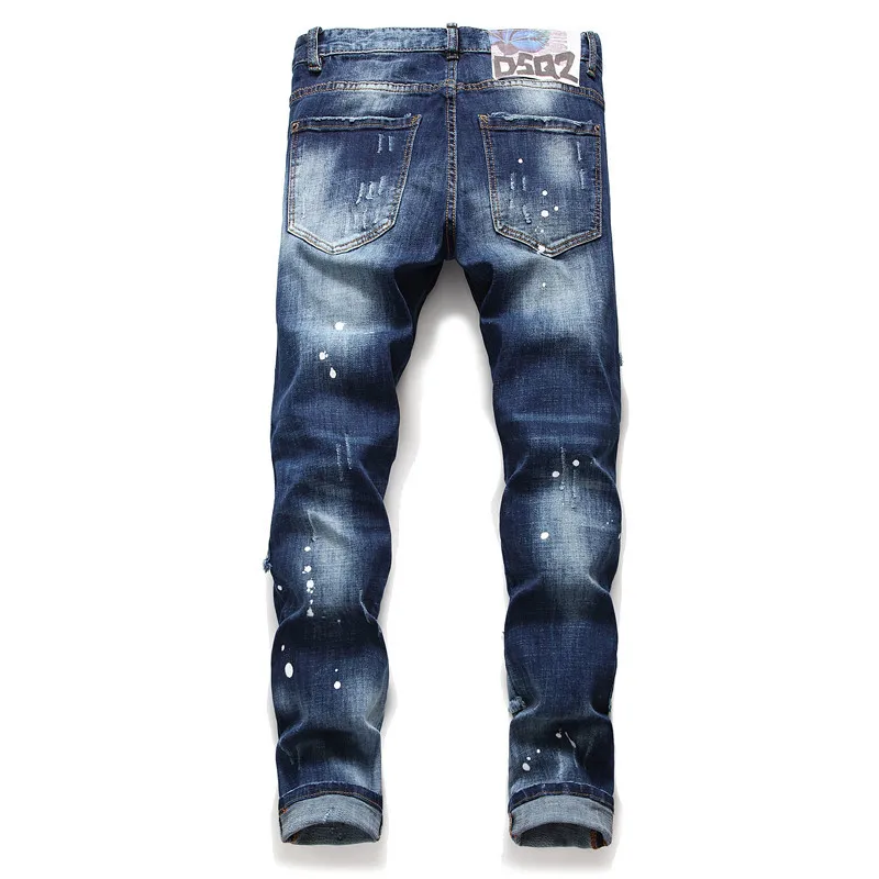 Vernice spray lavato a metà vita piccolo foro dritto patch personalità moda cuciture marea pantaloni jeans di marca