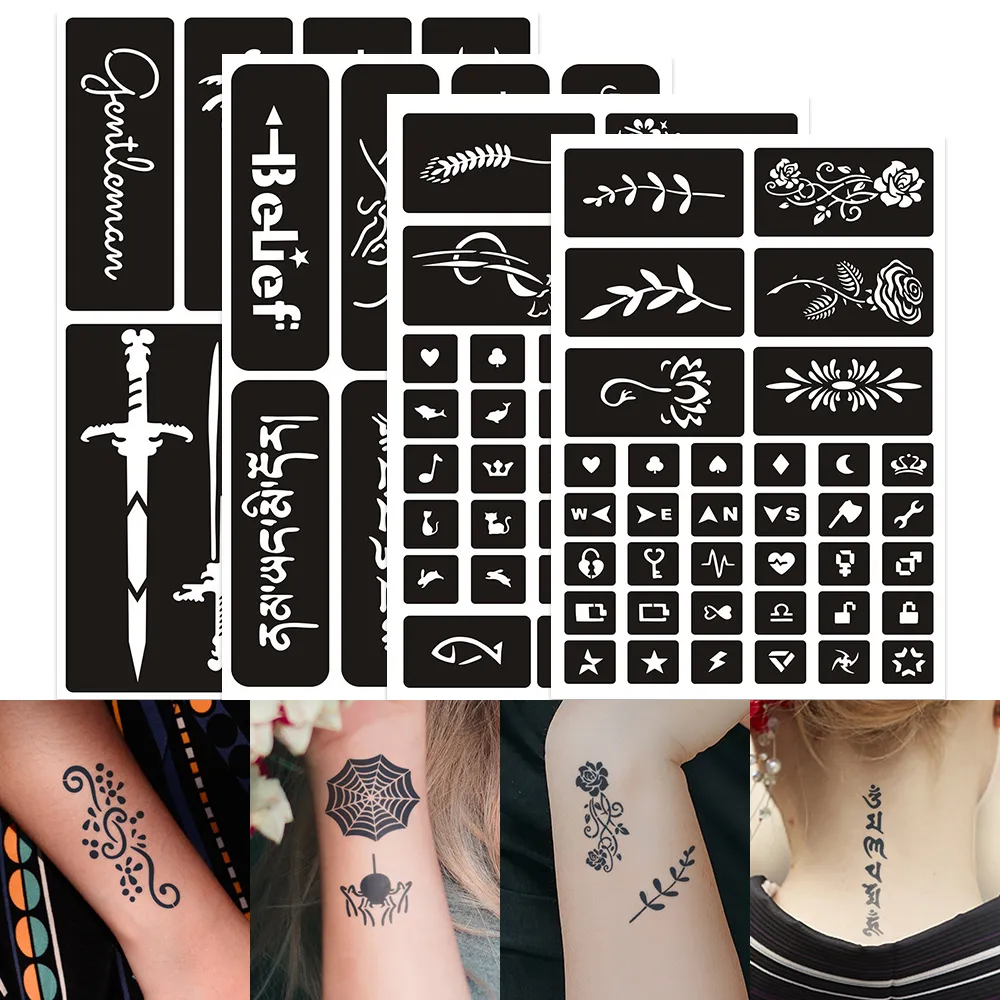 Adesivi di alta qualità 4PCS grandi A4 tatuaggio modello vuoto, lettere, fiori, modelli personalizzati, adesivi modello tatuaggio temporaneo del corp