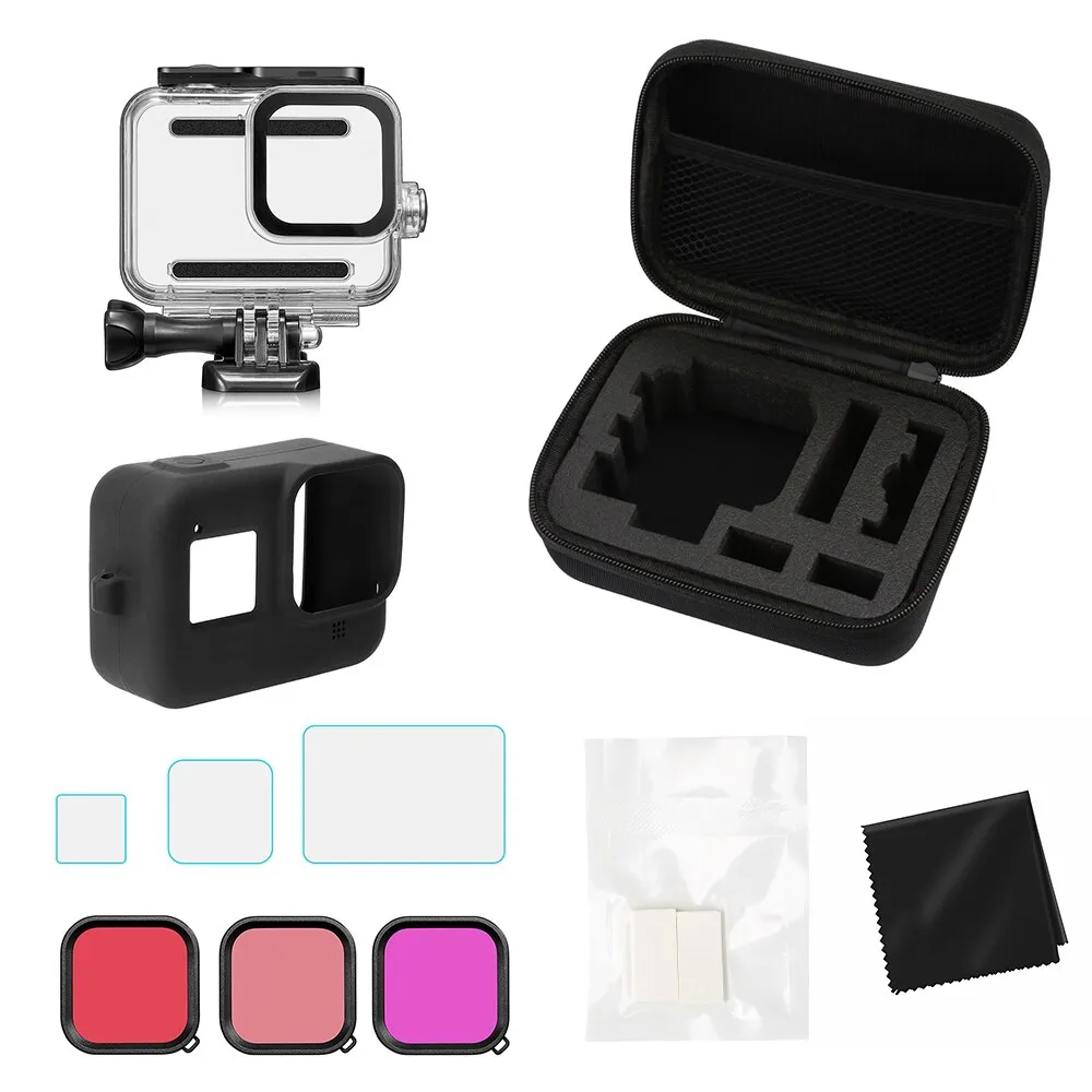 Kit di accessori per fotocamera per GoPro Hero 8 con custodia Custodia per fotocamera Custodia impermeabile Proteggi schermo Filtro in silicone