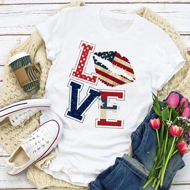 New Graphic Bandiera americana American Patriotic Love Lip Star Summer T-shirt Top Donna Abbigliamento donna T-shirt T-shirt donna