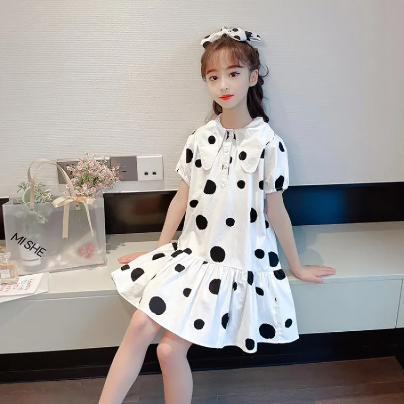 Le ragazze vestono l'estate 2021 nuovo stile versione coreana della gonna a maniche corte estiva in cotone con colletto da bambola per bambina