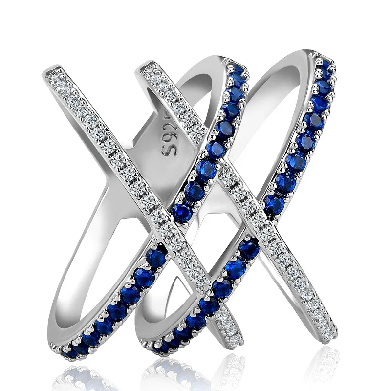 AliExpress hot new creative croce a forma di X set completo con anello di diamanti blu zircone moda signore anello del partito
